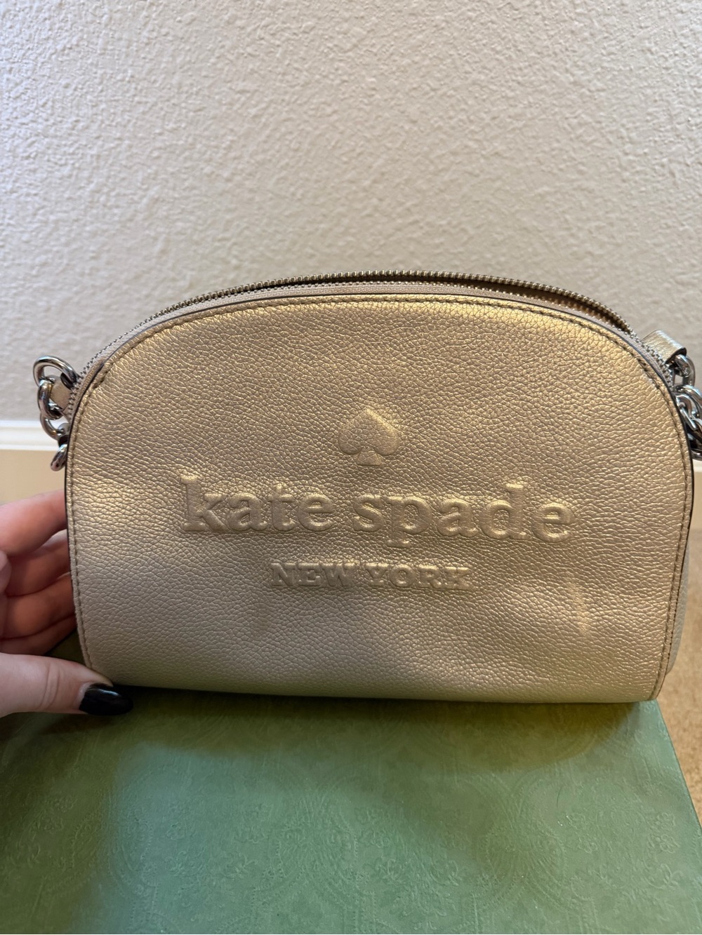 kate spade Metallic Gold Embossed Logo Crossbody Bag